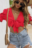 PUFF SLEEVES SEXY LACE-UP CROP TOP - Doublju