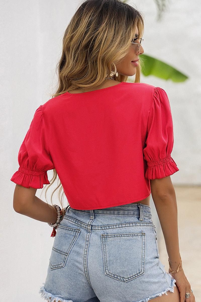 PUFF SLEEVES SEXY LACE-UP CROP TOP - Doublju