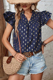 DIAMOND PATTERN V NECK CAN CAN SLEEVE BLOUSE - Doublju