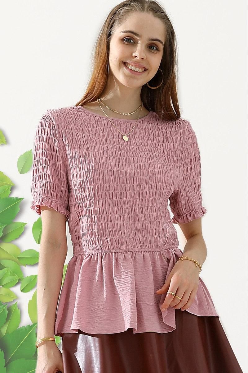 SMOKED RUFFLE SHORT SLEEVE TUNIC TOP - Doublju