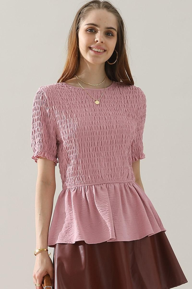 SMOKED RUFFLE SHORT SLEEVE TUNIC TOP - Doublju