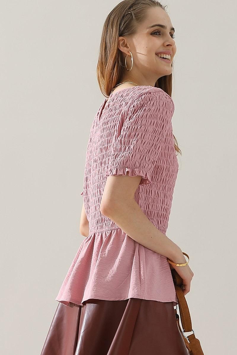 SMOKED RUFFLE SHORT SLEEVE TUNIC TOP - Doublju