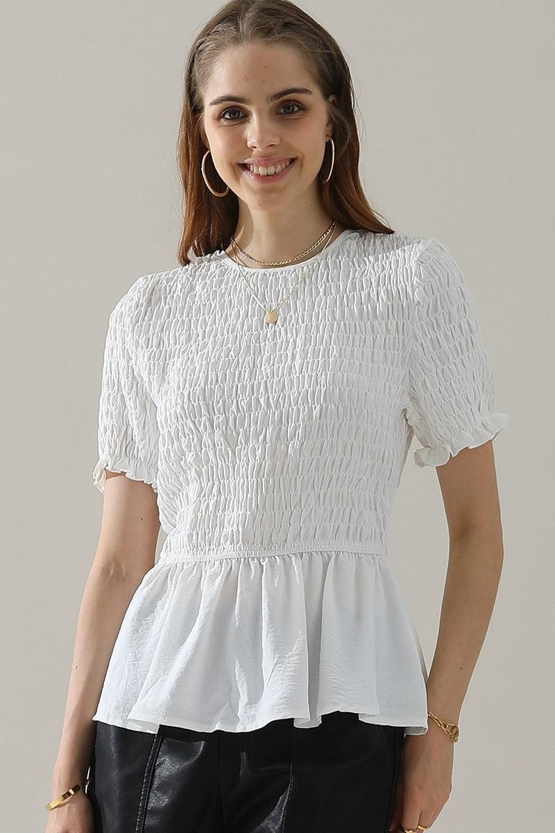 SMOKED RUFFLE SHORT SLEEVE TUNIC TOP - Doublju