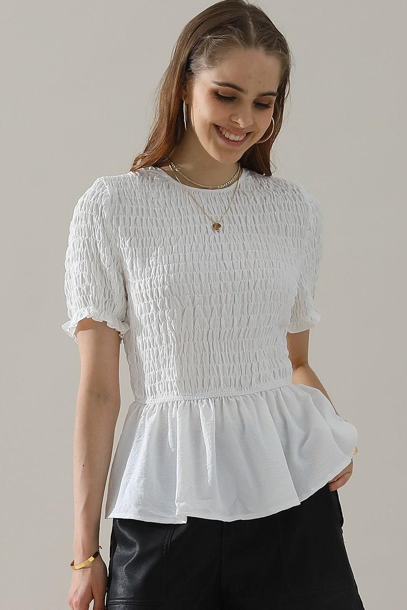 SMOKED RUFFLE SHORT SLEEVE TUNIC TOP - Doublju