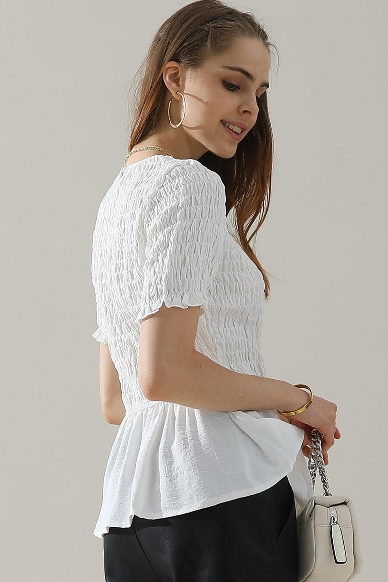 SMOKED RUFFLE SHORT SLEEVE TUNIC TOP - Doublju