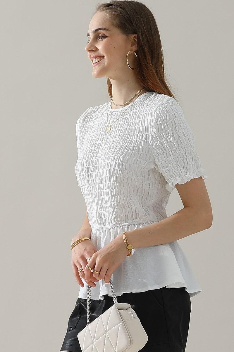 SMOKED RUFFLE SHORT SLEEVE TUNIC TOP - Doublju