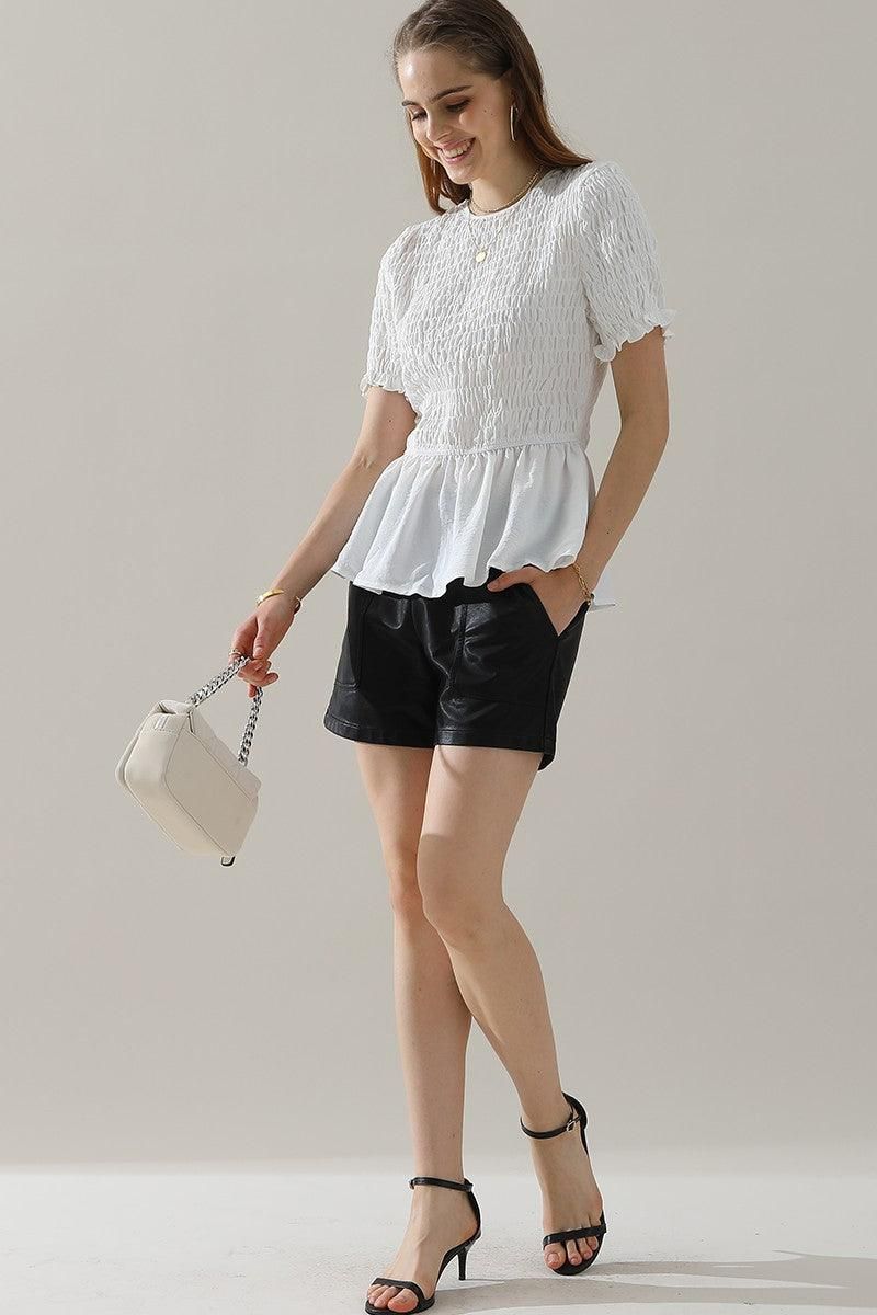 SMOKED RUFFLE SHORT SLEEVE TUNIC TOP - Doublju