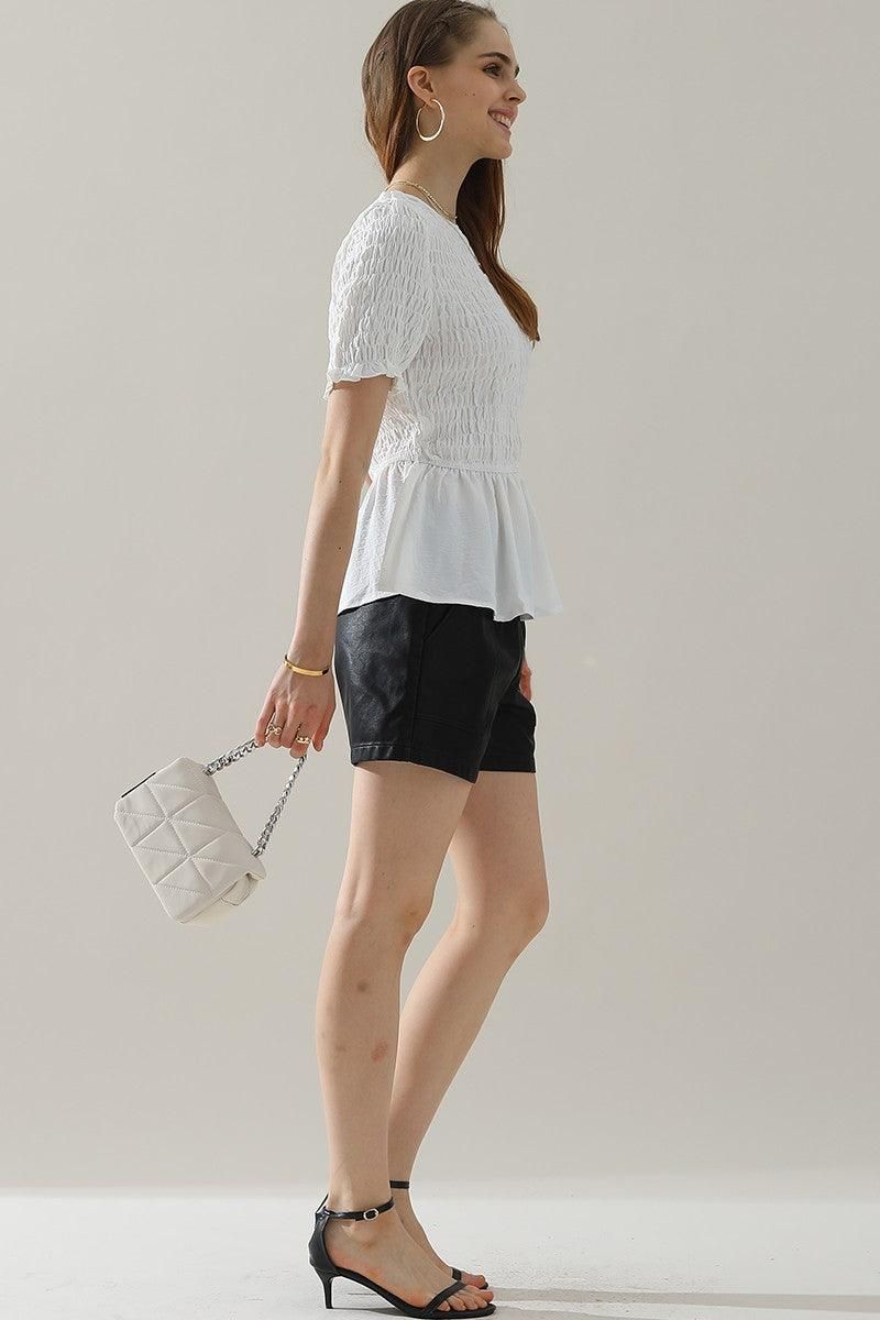 SMOKED RUFFLE SHORT SLEEVE TUNIC TOP - Doublju