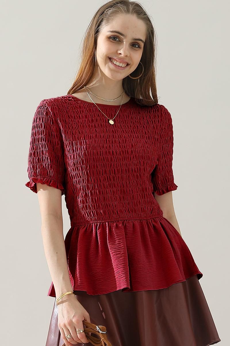 SMOKED RUFFLE SHORT SLEEVE TUNIC TOP - Doublju