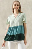 BUTTON UP COLOR BLOCK RUFFLED TUNIC TOP - Doublju