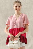 BUTTON UP COLOR BLOCK RUFFLED TUNIC TOP - Doublju