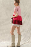 BUTTON UP COLOR BLOCK RUFFLED TUNIC TOP - Doublju