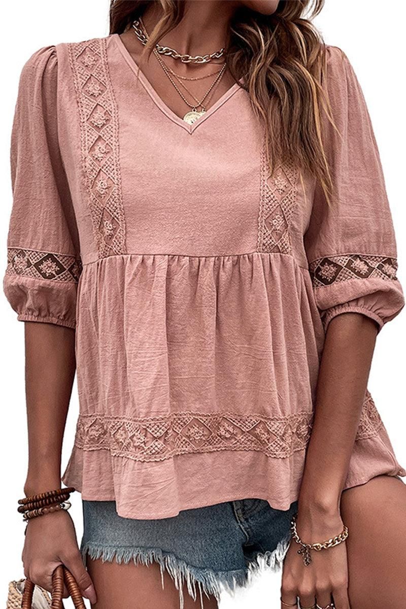 V NECK PUFF PUNCHING LACE POINT RUFFLE BLOUSE - Doublju
