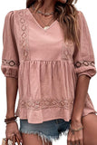 V NECK PUFF PUNCHING LACE POINT RUFFLE BLOUSE - Doublju