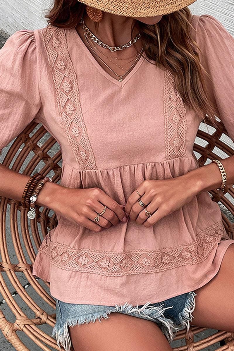 V NECK PUFF PUNCHING LACE POINT RUFFLE BLOUSE - Doublju