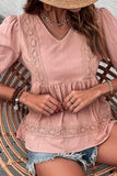 V NECK PUFF PUNCHING LACE POINT RUFFLE BLOUSE - Doublju