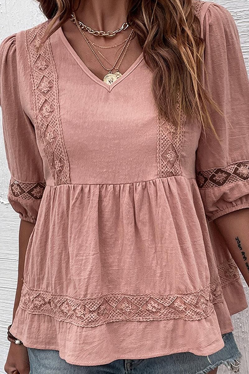 V NECK PUFF PUNCHING LACE POINT RUFFLE BLOUSE - Doublju