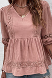 V NECK PUFF PUNCHING LACE POINT RUFFLE BLOUSE - Doublju