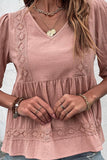 V NECK PUFF PUNCHING LACE POINT RUFFLE BLOUSE - Doublju