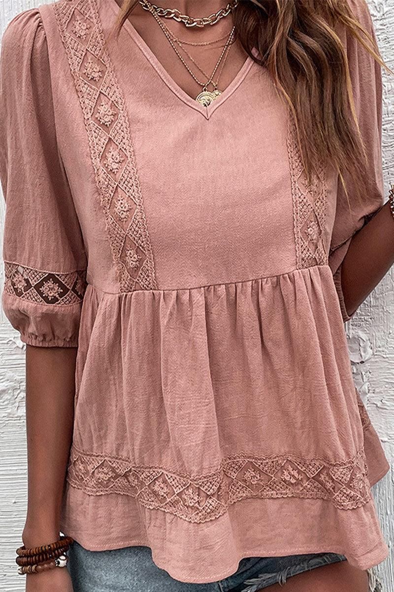 V NECK PUFF PUNCHING LACE POINT RUFFLE BLOUSE - Doublju