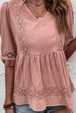 V NECK PUFF PUNCHING LACE POINT RUFFLE BLOUSE - Doublju