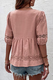 V NECK PUFF PUNCHING LACE POINT RUFFLE BLOUSE - Doublju