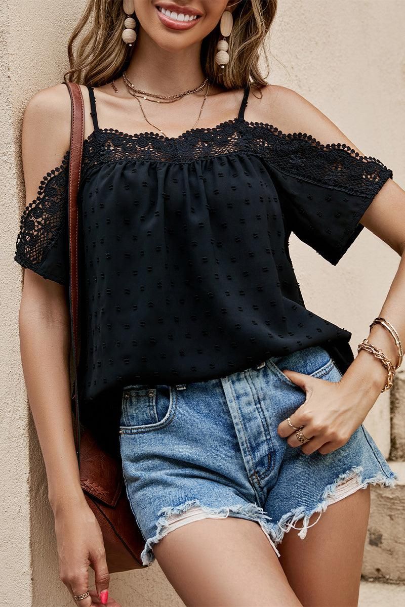 DOT LACE OFF SHOULDER STRAP TUNIC TOP - Doublju