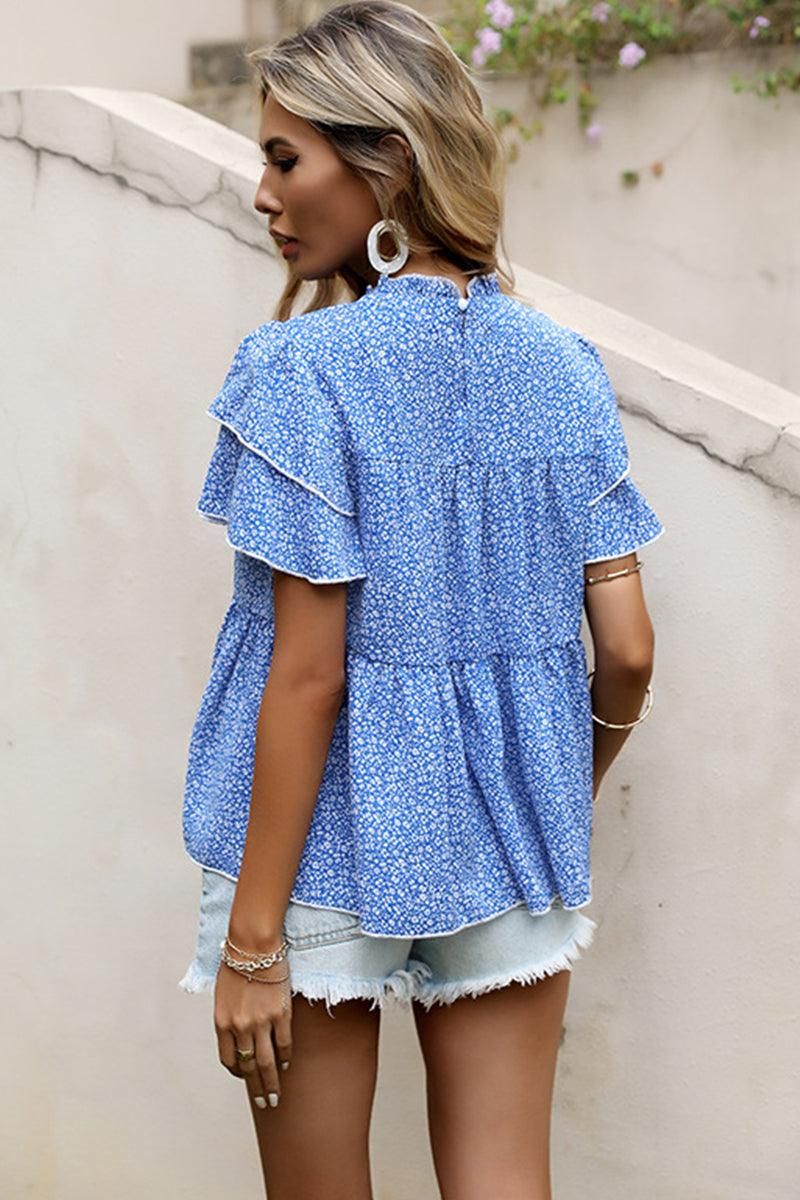 FLORAL RUFFLED LOOSE CAKE TUNIC TOP - Doublju