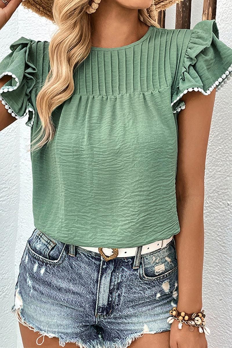 WOMEN SMOCKED RUFFLE PETAL SLEEVE TEE - Doublju