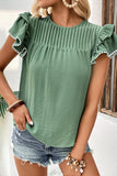 WOMEN SMOCKED RUFFLE PETAL SLEEVE TEE - Doublju