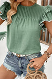 WOMEN SMOCKED RUFFLE PETAL SLEEVE TEE - Doublju