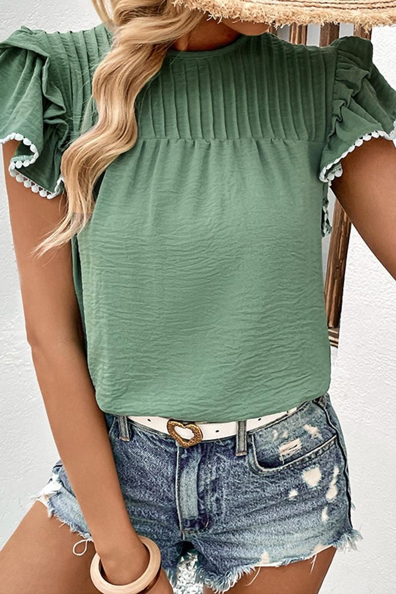 WOMEN SMOCKED RUFFLE PETAL SLEEVE TEE - Doublju