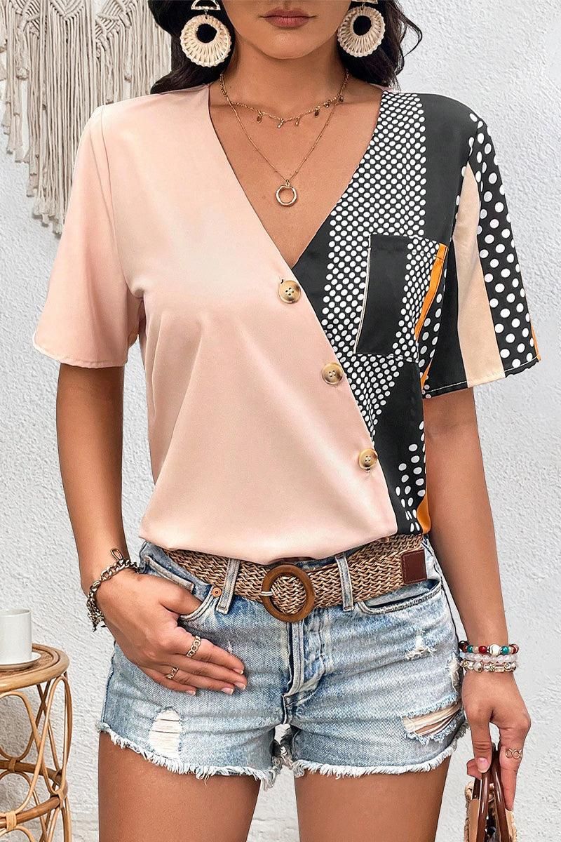 WOMEN CROSS WRAP BUTTON DECKED PATTERN BLOCK TEE - Doublju