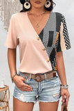 WOMEN CROSS WRAP BUTTON DECKED PATTERN BLOCK TEE - Doublju