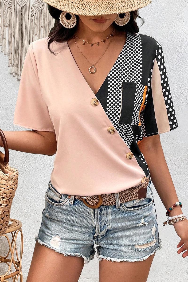 WOMEN CROSS WRAP BUTTON DECKED PATTERN BLOCK TEE - Doublju