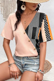 WOMEN CROSS WRAP BUTTON DECKED PATTERN BLOCK TEE - Doublju