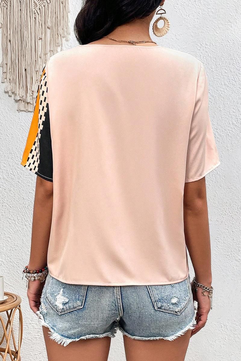 WOMEN CROSS WRAP BUTTON DECKED PATTERN BLOCK TEE - Doublju