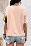 WOMEN CROSS WRAP BUTTON DECKED PATTERN BLOCK TEE - Doublju