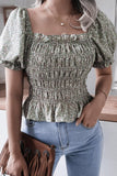 WOMEN SHIRRED SQUARE NECK PUFF SLEEVE SUMMER TOP - Doublju