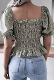 WOMEN SHIRRED SQUARE NECK PUFF SLEEVE SUMMER TOP - Doublju