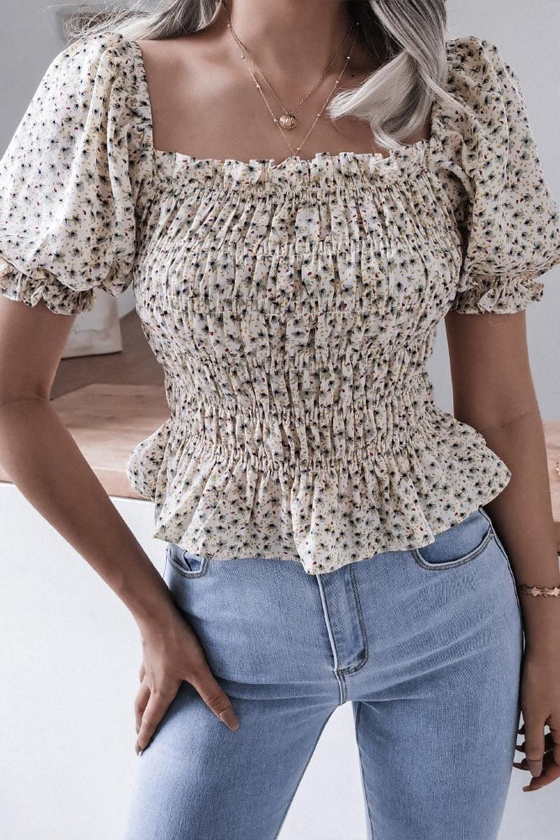 WOMEN SHIRRED SQUARE NECK PUFF SLEEVE SUMMER TOP - Doublju
