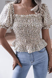 WOMEN SHIRRED SQUARE NECK PUFF SLEEVE SUMMER TOP - Doublju