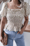 WOMEN SHIRRED SQUARE NECK PUFF SLEEVE SUMMER TOP - Doublju