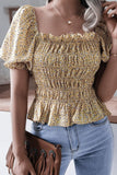 WOMEN SHIRRED SQUARE NECK PUFF SLEEVE SUMMER TOP - Doublju