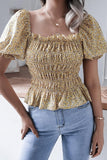 WOMEN SHIRRED SQUARE NECK PUFF SLEEVE SUMMER TOP - Doublju