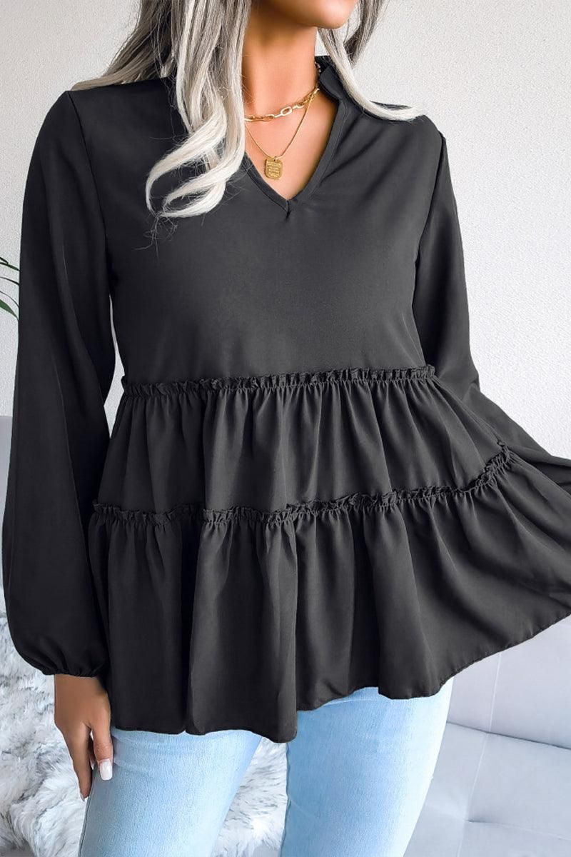 LANTERN LONG SLEEVE RUFFLED CHIFFON TUNIC TOP - Doublju