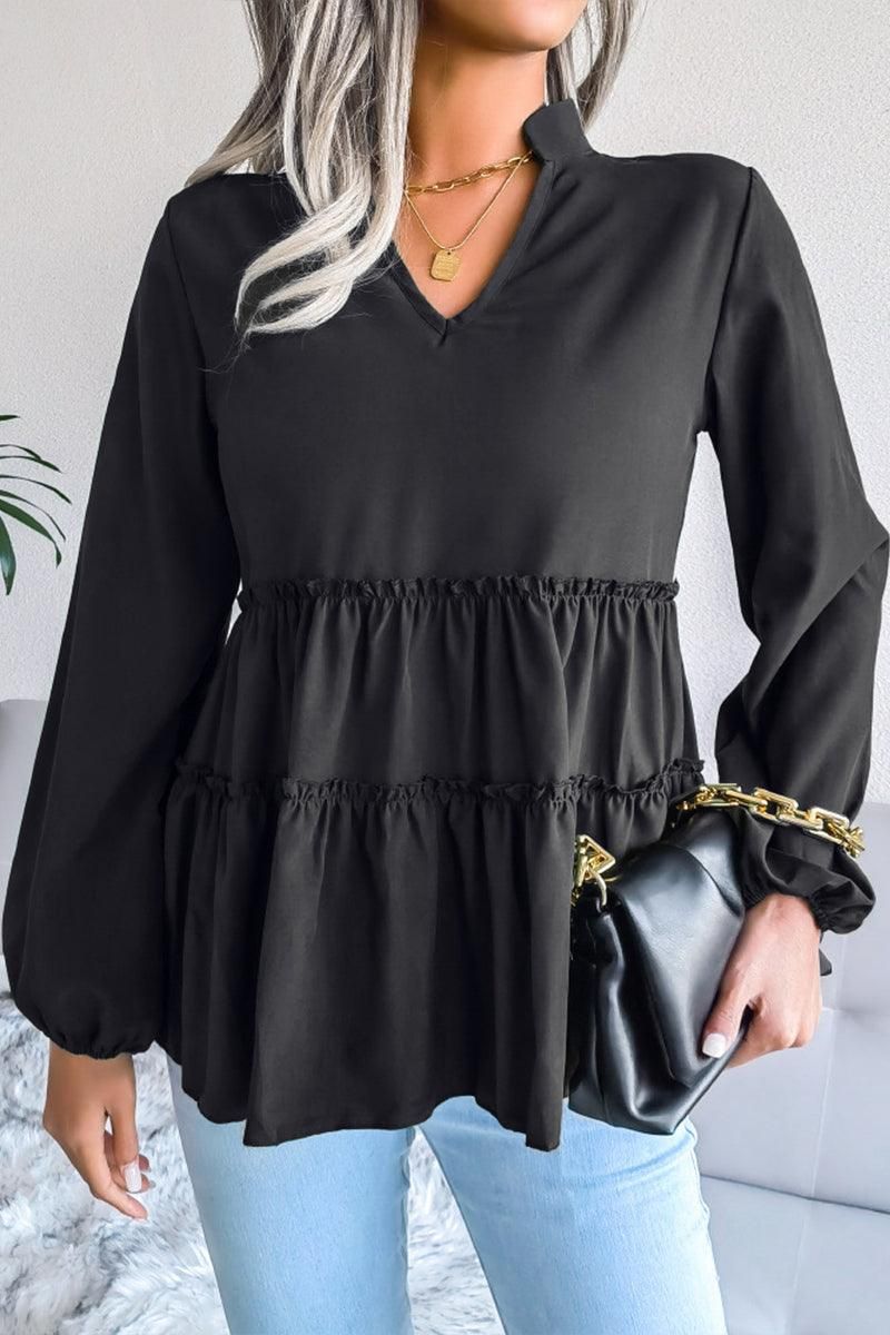 LANTERN LONG SLEEVE RUFFLED CHIFFON TUNIC TOP - Doublju