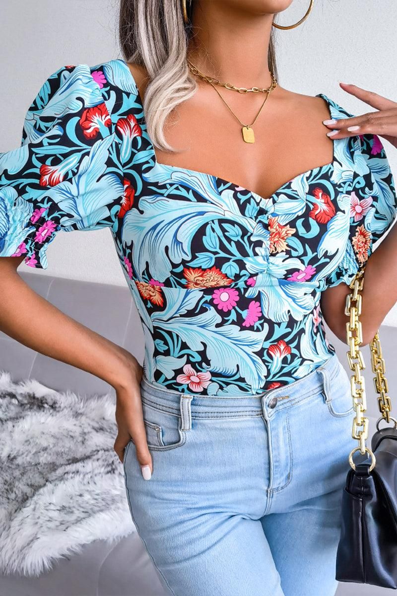 WOMEN SEXY SQUARE NECK FLORAL CROP TOP - Doublju
