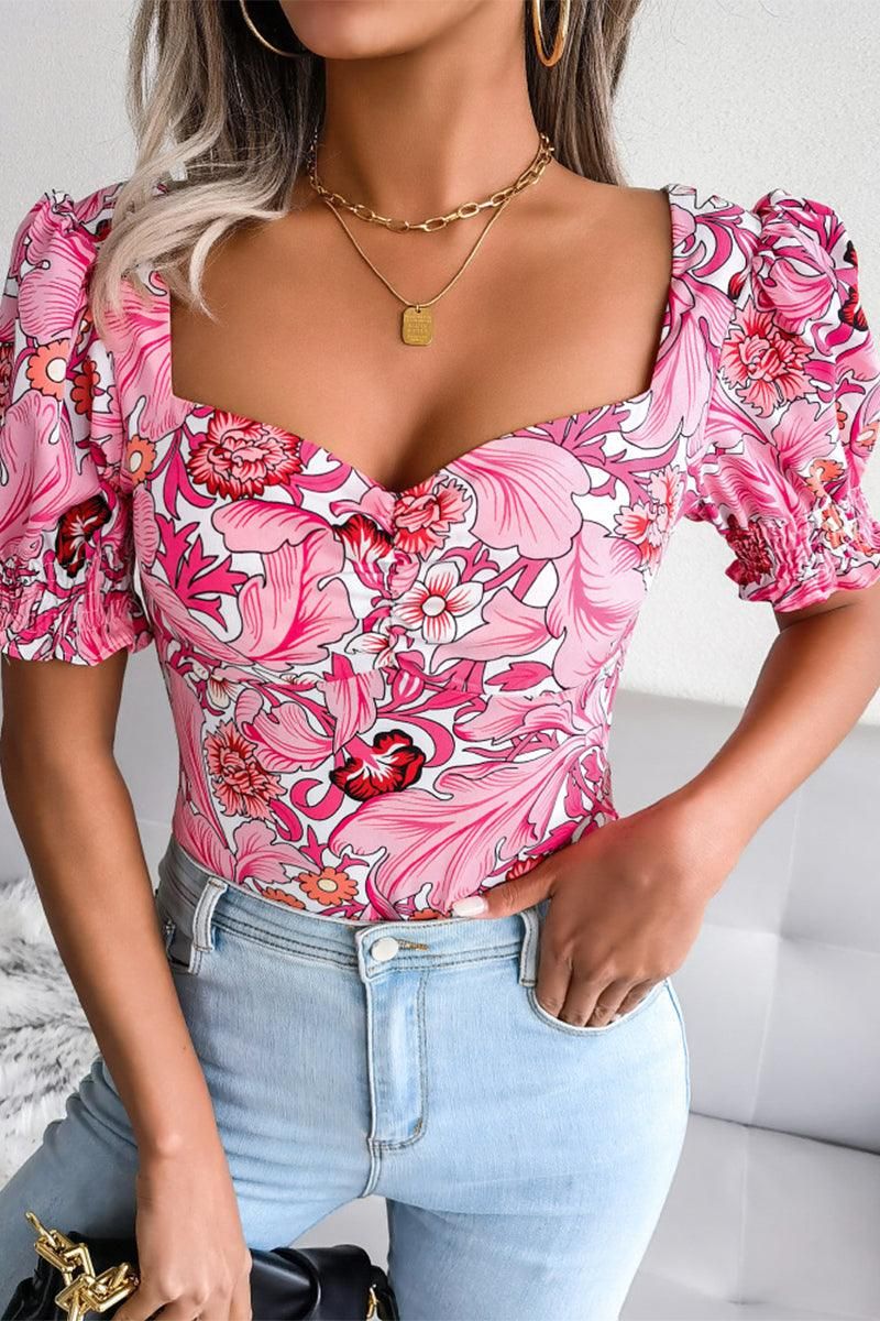 WOMEN SEXY SQUARE NECK FLORAL CROP TOP - Doublju