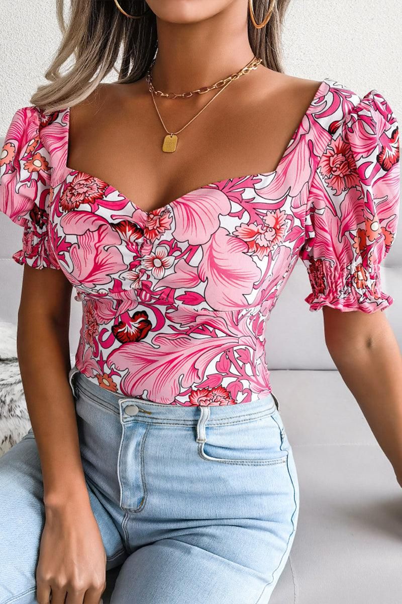 WOMEN SEXY SQUARE NECK FLORAL CROP TOP - Doublju